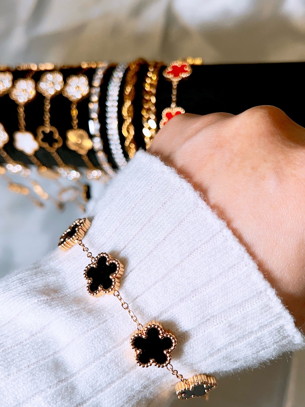 Gold-Tone Black Flower Link Bracelet - Women Jewelry